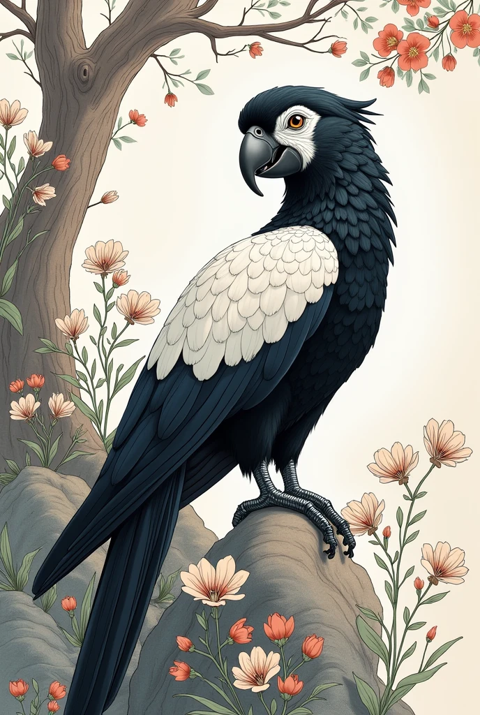 Parrot blachvand whitefine lines standind in a tree fine outline around flowers fine out line around rocks black finevout lines