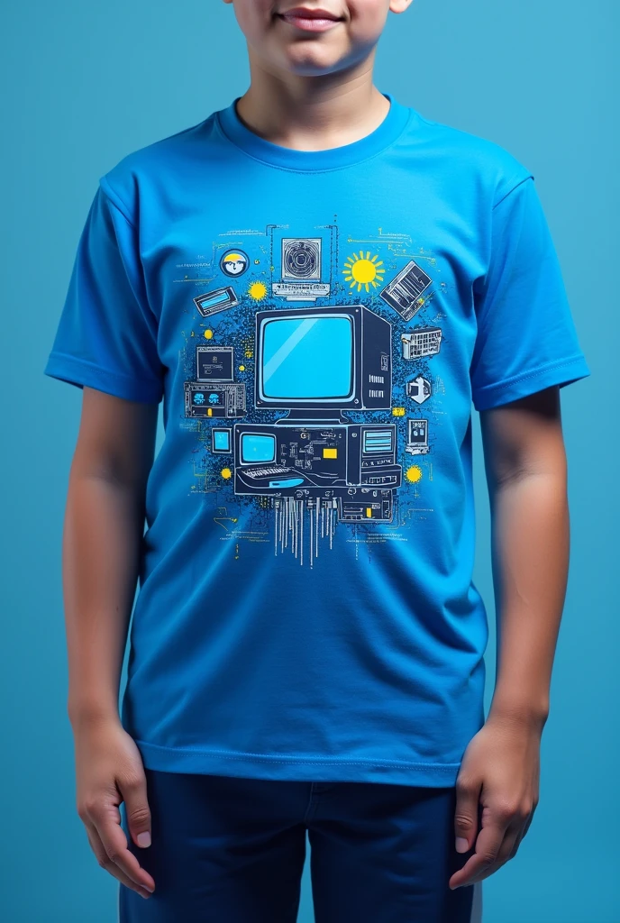 Blue sports t-shirt with computer theme for class 