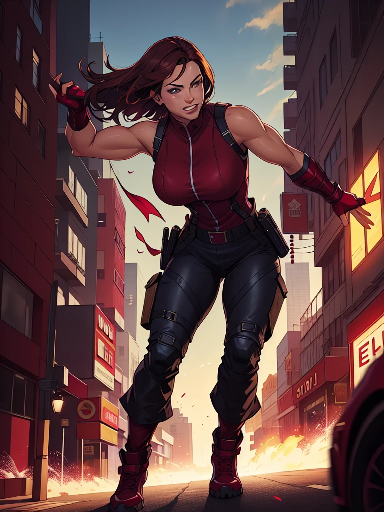 j3nn1f3rg-v1, Elektra Marvel, brown hair, smilling, Burgundy Tactical uniform. leather uniform, Burgundy  Tactical pants,,photography,ultra details, vivid colors,light and shadows effects,,dynamic action poses, dramatic atmosphere,sharp focus, city background, sai, Sleeveless, .Burgundy sleeveless uniform, Armbands