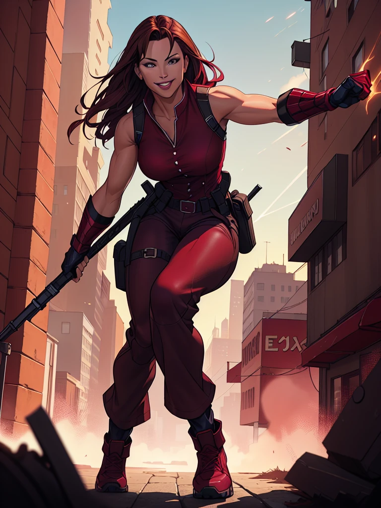 j3nn1f3rg-v1, Elektra Marvel, brown hair, smilling, Burgundy Tactical uniform. leather uniform, Burgundy  Tactical pants,,photography,ultra details, vivid colors,light and shadows effects,,dynamic action poses, dramatic atmosphere,sharp focus, city background, sai, Sleeveless, .Burgundy sleeveless uniform, Armbands