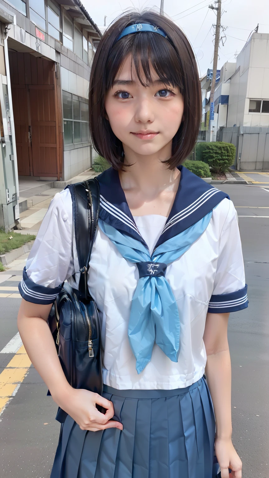sailor uniform, One Woman, (Beautiful woman, delicate :1.3), Black Hair, (bob cur:1.4), bangs, 8k, Highest quality, masterpiece, Very detailed, Ultra-high resolution, Realistic, RAW Photos, Absolute Resolution, Black Hair, sky blue sailor uniform, (sky blue pleated skirt:1.4), (Realistic junior high school student:1.4), (White headband:1.4), Small breasts, expensive, Bright Blue Eyes, (In front of the school gate), smile, (standing pose:1.4), (one school bag on shoulder:1.4), (long skirt:1.4), slender female body, Blur the background, (looking at the camera:1.4), glossy hair,