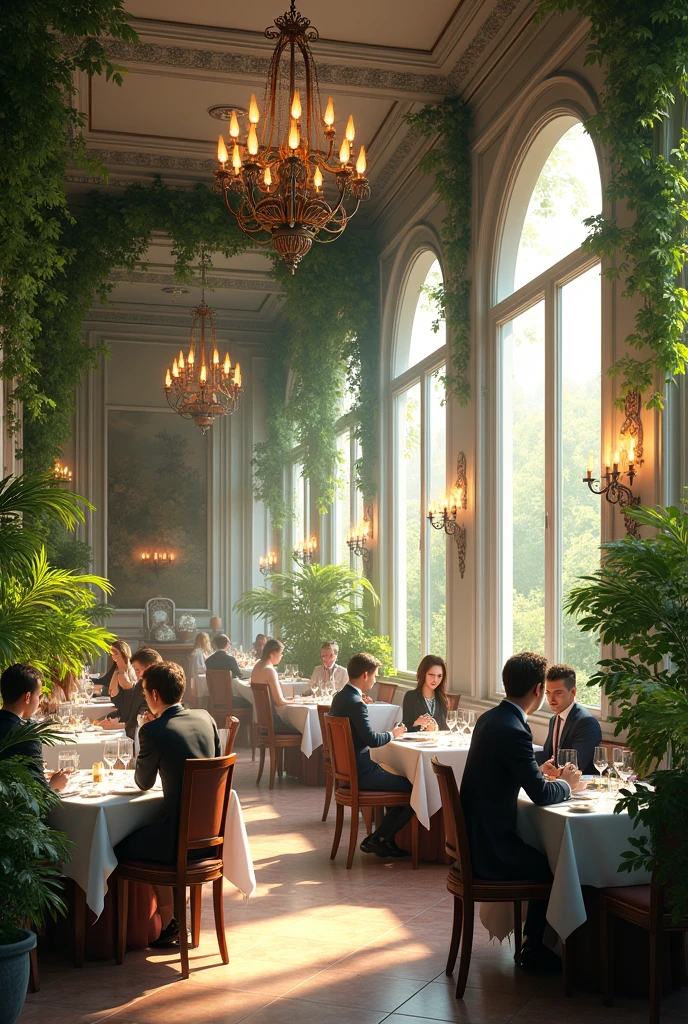 Elegant restaurant with lots of plants 