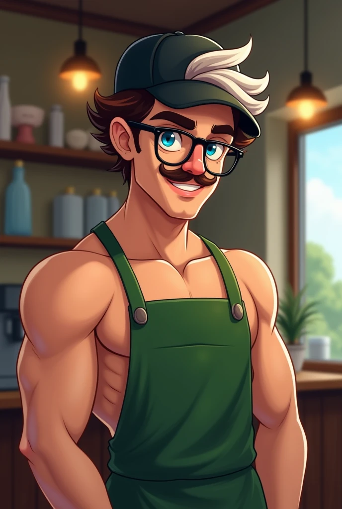 beautiful man wearing black baseball cap, curly brown hair with white streaks on the back of his head, bisexual, barista, green apron, glasses, curled mustache, caucasian, blue eyes, 2D, naked, average body