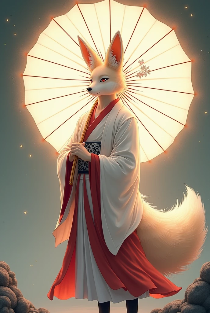 [Core Concept] A male humanoid kitsune-like deity figure.

[Character Description] The kitsune-like god is depicted as a humanoid being with fox-like features, such as pointed ears and a bushy tail. He is dressed in a traditional white and red kimono, the colors symbolizing purity and power.

[Environment/Background] The deity stands in an unspecified, but likely serene and natural setting, holding a delicate lunar parasol that casts a soft, ethereal glow around him.

[Style and Atmosphere] The artwork has a traditional Japanese aesthetic, with a focus on harmonious and refined elements that evoke a sense of mysticism and reverence surrounding the divine figure.

[Composition] The kitsune-like god is centrally positioned, commanding the viewer's attention, his parasol creating a sense of balance and symmetry within the frame.

[Details and Embellishments] Subtle details, such as intricate patterns or symbols on the kimono or the parasol, may be included to further enhance the deity's otherworldly and revered presence.

[Technical Specifications] The image is likely rendered in a high-quality, photorealistic style, utilizing a range of techniques to capture the delicate textures, luminous tones, and overall ethereal quality of the scene.