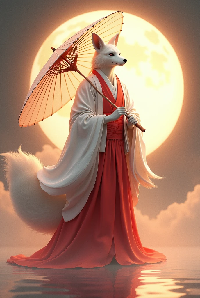 [Core Concept] A male humanoid kitsune-like deity figure.

[Character Description] The kitsune-like god is depicted as a humanoid being with fox-like features, such as pointed ears and a bushy tail. He is dressed in a traditional white and red kimono, the colors symbolizing purity and power.

[Environment/Background] The deity stands in an unspecified, but likely serene and natural setting, holding a delicate lunar parasol that casts a soft, ethereal glow around him.

[Style and Atmosphere] The artwork has a traditional Japanese aesthetic, with a focus on harmonious and refined elements that evoke a sense of mysticism and reverence surrounding the divine figure.

[Composition] The kitsune-like god is centrally positioned, commanding the viewer's attention, his parasol creating a sense of balance and symmetry within the frame.

[Details and Embellishments] Subtle details, such as intricate patterns or symbols on the kimono or the parasol, may be included to further enhance the deity's otherworldly and revered presence.

[Technical Specifications] The image is likely rendered in a high-quality, photorealistic style, utilizing a range of techniques to capture the delicate textures, luminous tones, and overall ethereal quality of the scene.
