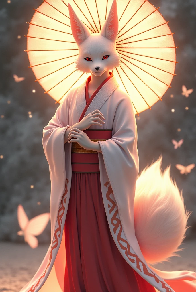 [Core Concept] A male humanoid kitsune-like deity figure.

[Character Description] The kitsune-like god is depicted as a humanoid being with fox-like features, such as pointed ears and a bushy tail. He is dressed in a traditional white and red kimono, the colors symbolizing purity and power.

[Environment/Background] The deity stands in an unspecified, but likely serene and natural setting, holding a delicate lunar parasol that casts a soft, ethereal glow around him.

[Style and Atmosphere] The artwork has a traditional Japanese aesthetic, with a focus on harmonious and refined elements that evoke a sense of mysticism and reverence surrounding the divine figure.

[Composition] The kitsune-like god is centrally positioned, commanding the viewer's attention, his parasol creating a sense of balance and symmetry within the frame.

[Details and Embellishments] Subtle details, such as intricate patterns or symbols on the kimono or the parasol, may be included to further enhance the deity's otherworldly and revered presence.

[Technical Specifications] The image is likely rendered in a high-quality, photorealistic style, utilizing a range of techniques to capture the delicate textures, luminous tones, and overall ethereal quality of the scene.