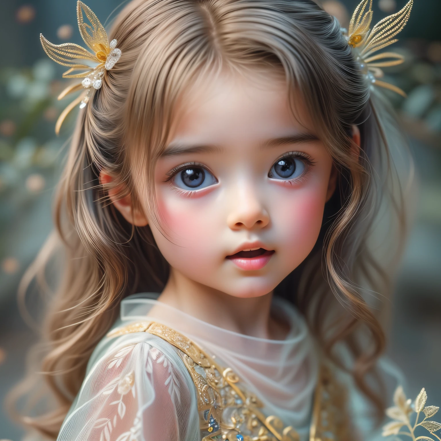 A close up of a little girl with a flower in her hair - SeaArt AI