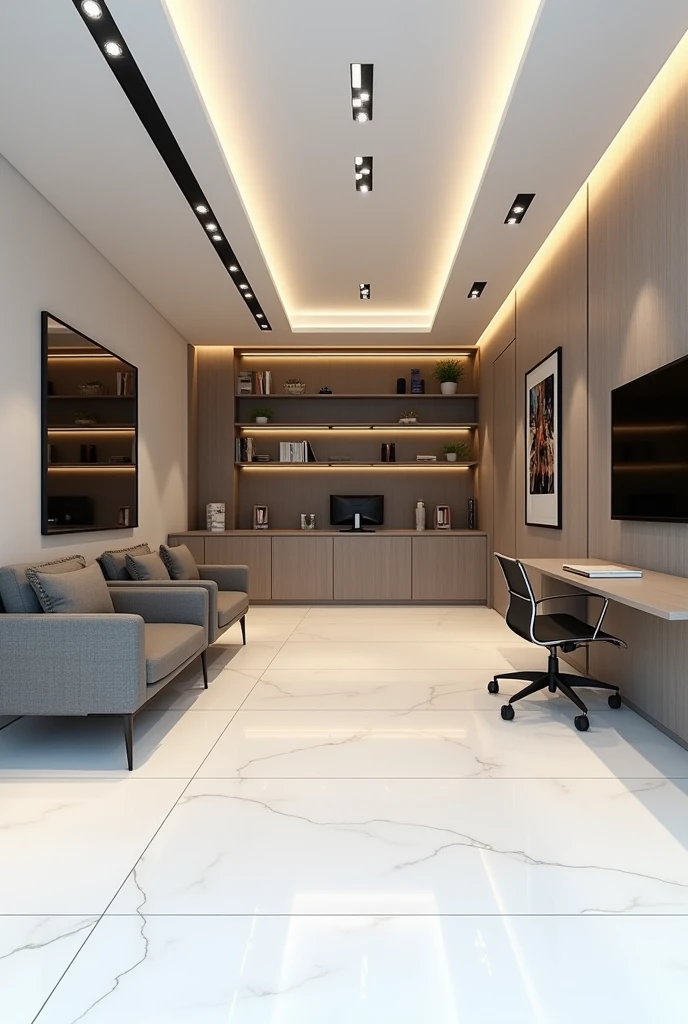 Design of an office 3 meters wide by 6 meters long. The floor is white tile. First there is a small room and at the back an executive desk., Behind the desk there are modern shelves with panels and LED lighting. On the side walls photographs. It is an architectural office, I want a modern design.