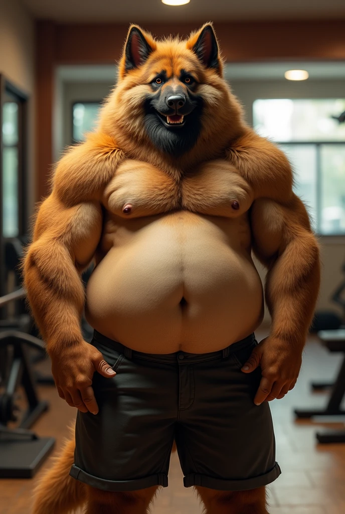 Men, Furry men, he Is buff and big, his belly Is soft, he Is a German shepherd dog, he has big muscles, he Is a Boyfriend, he has beard, wears shorts and a T-shirt, he Is smiling, he Is in a gym
