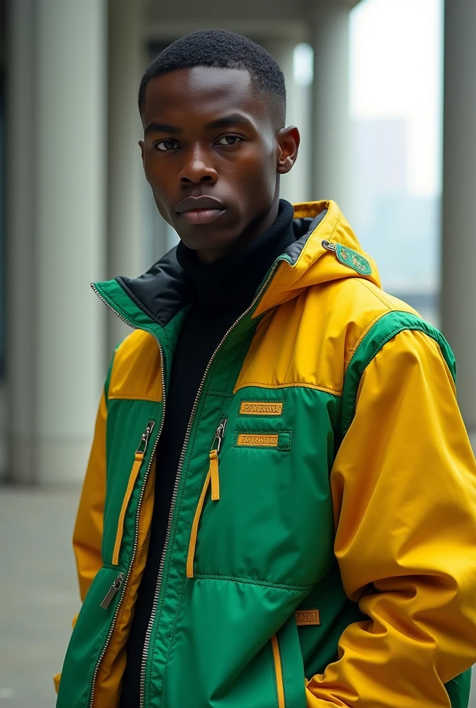thin black man, jacket with green and yellow colors, to use