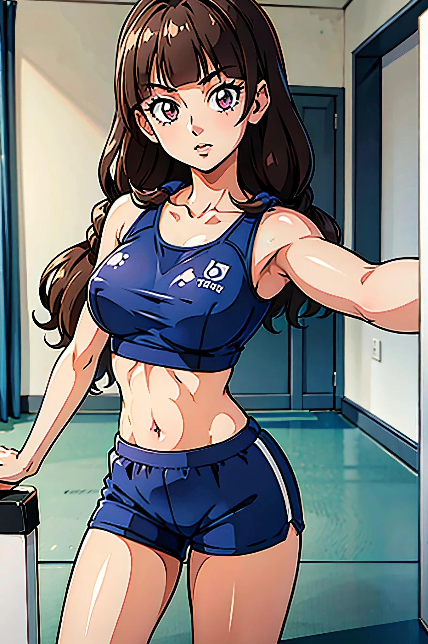 1 girl, (solo), ((amanogawaki)), best quality, highres, high quality, 8k, HD, super detail, anatomically correct, UHD, accurate, (masterpiece:1.0), (high quality:1.0), (ultra detailed), ((Adult:1.2)), Looking at viewer, wearing gym_outfit, inside gym, front view, taking a selfie, gym shorts, gym shirts, Belly button, Navel