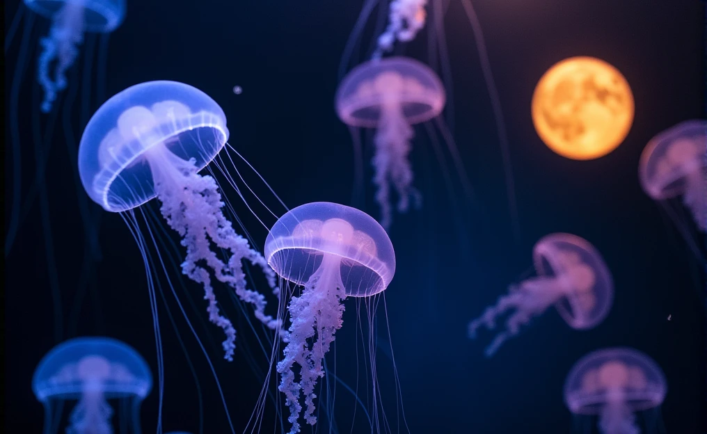 Many Transparent blue, purple and yellow Moon jellyfish floating on a dark background