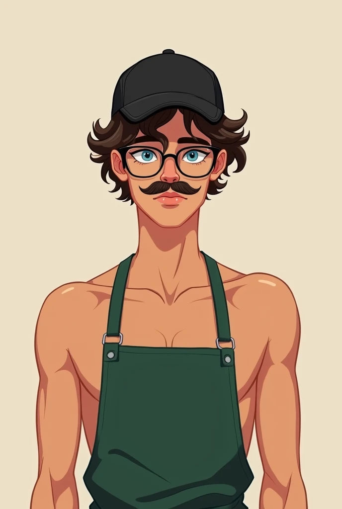 beautiful man wearing black baseball cap, curly brown hair with white streaks on the back of his head, bisexual, barista, green apron, glasses, curled mustache, caucasian, blue eyes, 2D, naked, not muscly