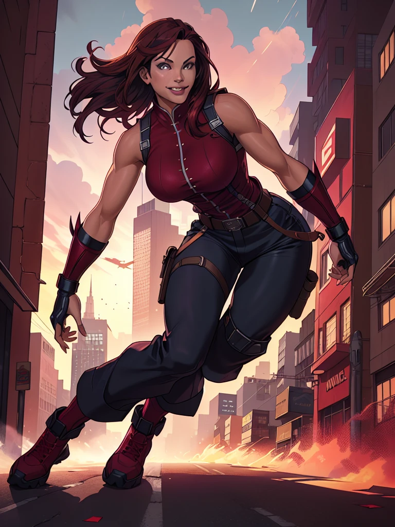 j3nn1f3rg-v1, Elektra Marvel, brown hair, smilling, Burgundy Tactical uniform. leather uniform, Burgundy  Tactical pants,,photography,ultra details, vivid colors,light and shadows effects,,dynamic action poses, dramatic atmosphere,sharp focus, city background, Sleeveless, .Burgundy sleeveless uniform, 