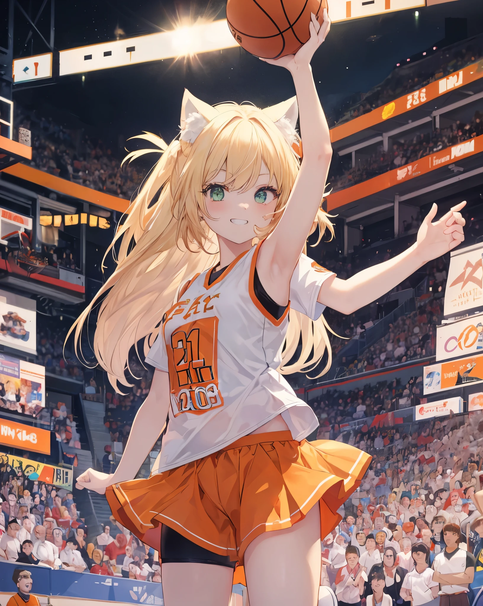 Crowd in background. Basketball arena. 1nekogirl, White cat ears,blonde fox tail, basketball clothes, oversize orange basketball t-shirt, white basketball shorts, bare shoulder. Long blonde hair, cool anime Green eyes. she is doing a slam dunk. She is smiling, cute grin. She hold the Basketball. He has a captain's armband on his arm. She is the player number 10. Shot from below.