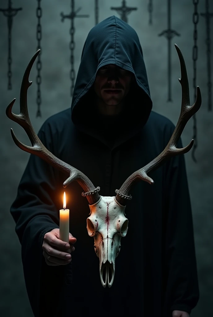 (a person wearing a black hooded robe and a satanic deer skull,a wax candle),(best quality,highres,gloomy,horror,satanic,dark color scheme),dimly lit background,gloomy atmosphere,flickering candle light,creepy vibes,detailed robe texture,dark and mysterious,haunting shadows,spooky aura,sinister expression in the eyes,subtle glow on the candle flame, cinematic camera angle, photo realistic, clear deer skull, highred deer skull, blood on deer skull, blood dripping, chains hanging from background, dark color scheme, satanic crosses in background, satanic alter, satanic crosses, upside down crosses, dark backdrop, summoning spirit, summoning, summon, chains hanging, black fog,