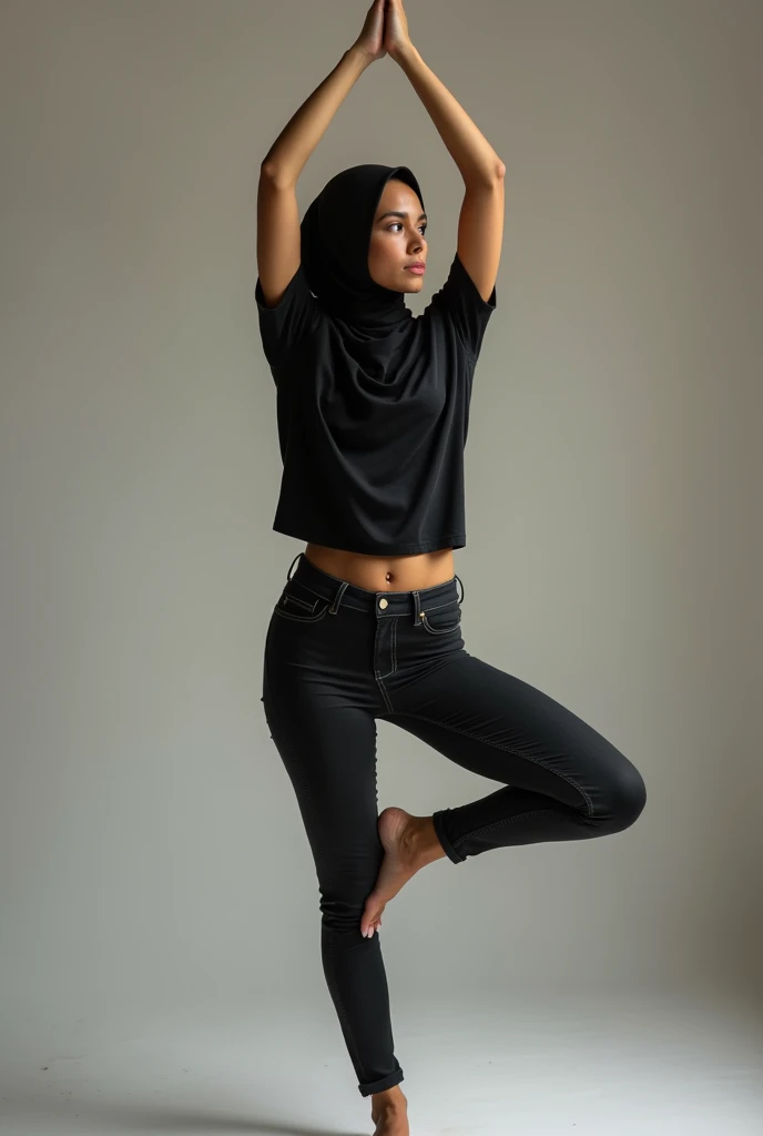 Black jeans, with black headscarf, sexy woman doing yoga