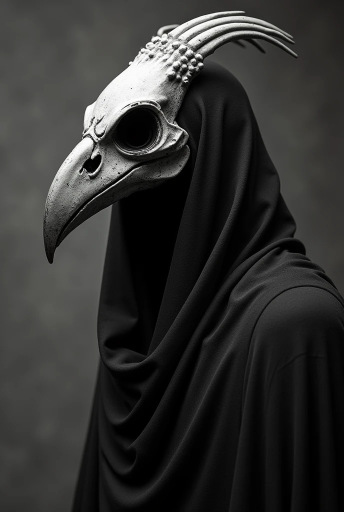 [Core Concept] A haunting, realistic depiction of a figure wearing a bird skull headdress on a startling bust.

[Character Description] The figure is shrouded in a dark, hooded garment, obscuring their face and leaving only the unsettling avian skull visible, casting an ominous presence.

[Environment/Background] The scene is set against a stark, monochromatic backdrop, emphasizing the eerie, foreboding nature of the subject.

[Style and Atmosphere] The artwork has a gritty, high-contrast black and white aesthetic, lending an unnerving and unsettling tone to the overall composition.

[Composition] The view is from the side, capturing the profile of the unsettling bust and the enigmatic figure in a dramatic, almost confrontational manner.

[Details and Embellishments] The bird skull headdress is rendered with meticulous detail, its sharp features and hollow eye sockets adding to the unsettling nature of the piece.

[Technical Specifications] This is a realistic, two-dimensional drawing or illustration in a black and white, high-contrast style.