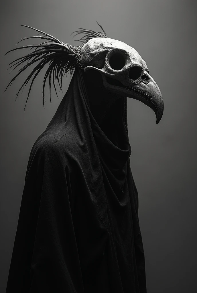 [Core Concept] A haunting, realistic depiction of a figure wearing a bird skull headdress on a startling bust.

[Character Description] The figure is shrouded in a dark, hooded garment, obscuring their face and leaving only the unsettling avian skull visible, casting an ominous presence.

[Environment/Background] The scene is set against a stark, monochromatic backdrop, emphasizing the eerie, foreboding nature of the subject.

[Style and Atmosphere] The artwork has a gritty, high-contrast black and white aesthetic, lending an unnerving and unsettling tone to the overall composition.

[Composition] The view is from the side, capturing the profile of the unsettling bust and the enigmatic figure in a dramatic, almost confrontational manner.

[Details and Embellishments] The bird skull headdress is rendered with meticulous detail, its sharp features and hollow eye sockets adding to the unsettling nature of the piece.

[Technical Specifications] This is a realistic, two-dimensional drawing or illustration in a black and white, high-contrast style.