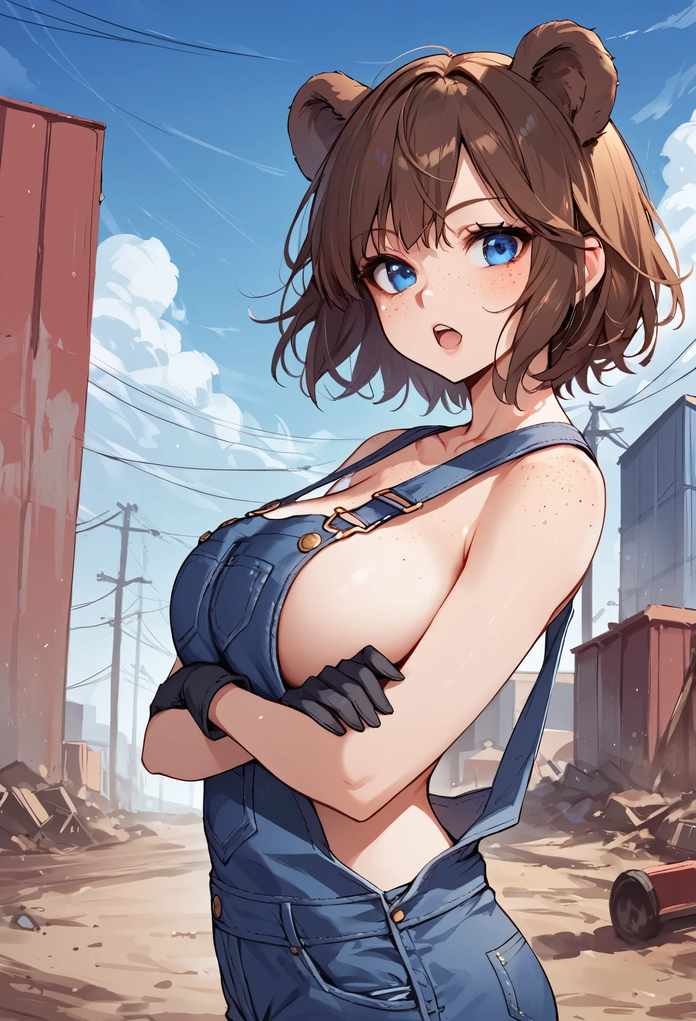 score_9_up, score_8_up, score_7_up, 1girl, solo, source_anime, hourglass figure, Big breasts, kemonomimi, bear ears, brown hair, short hair, messy_hair, blue eyes BREAK freckles, naked overalls, blue overalls, black gloves, , outdoors, blue sky, construction site, side view, looking at viewer, crossed arms, open mouth, standing, seriuous face