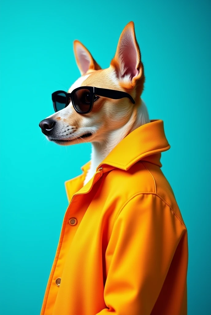 The best cell phone wallpaper, Award-Winning Wallpaper, portrait photography, In the front view is a portrait of a cute dog wearing mid-1960s space age fashion, Side view photo, Shot with Canon EOS R5, Set a strong contrast that accentuates the subject, Fluorescent blue tone, Wearing a very modern coat and sunglasses is a modern 1960s style, Clothes all in one color, beautiful background