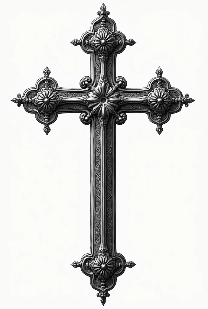 cruz lineart, cross with gothic details, fine, shadowy lines, complex ornaments at the ends, illustration, digital art influenced by gothic architecture