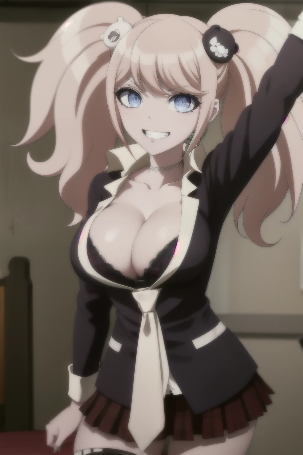 junkoenoshima, junko enoshima, bear hair ornament, blue eyes, long hair, pink hair, twintails, evil smile, grin, open mouth, huge breasts ,big cleavage , necktie, plaid, plaid skirt, pleated skirt, skirt, underwear, BREAK bedroom , lifting her skirt showing pantie. Fishnet thighhighs.