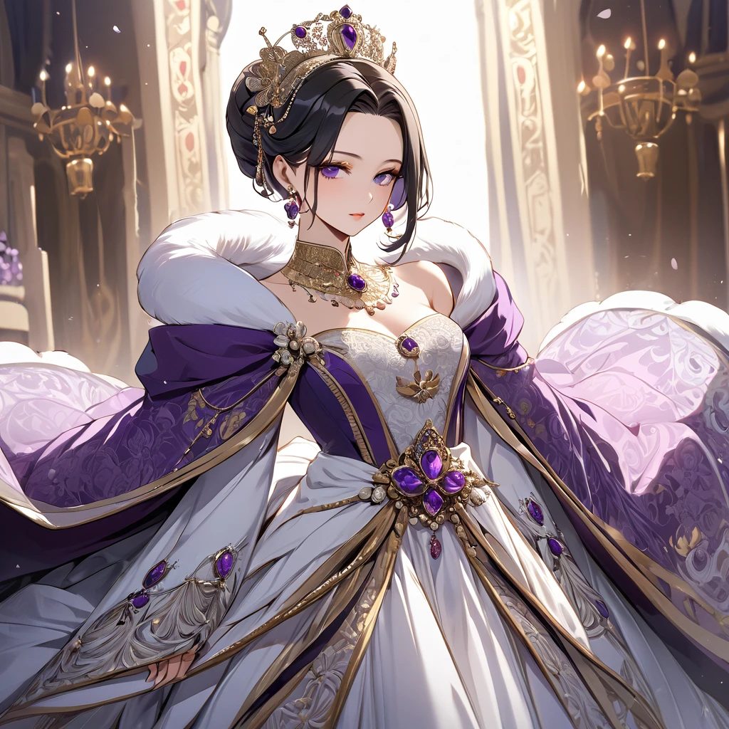 ((Highest quality)), ((masterpiece)), (detailed), （Perfect Face）、The woman is Shinobu Kocho, a Russian with black hair with purple gradient ends, tied in a bob hairstyle, an elegant, graceful and beautiful Russian noblewoman, and the unexpected Empress of the Russian Empire.、The woman is beautifully dressed in the luxurious and glittering Russian court dress of an ancient Russian empress, adorned with luxurious accessories and kokoshniks.