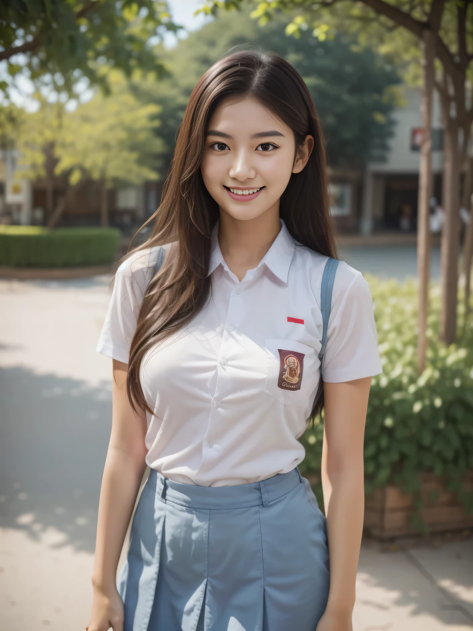 1girl, solo, 19 years old, (uniform), detailed Metropolitan city at the background, portrait, thick breasts, semi-curvy body, smooth realistic skin, cute smile, white shirt, grey blue short skirt, looking at the audience, high angle shot,(8k, RAW photo, best quality, masterpiece: 1.3), (realistic, realistic: 1.37), ultra-high resolution, cowboy shot