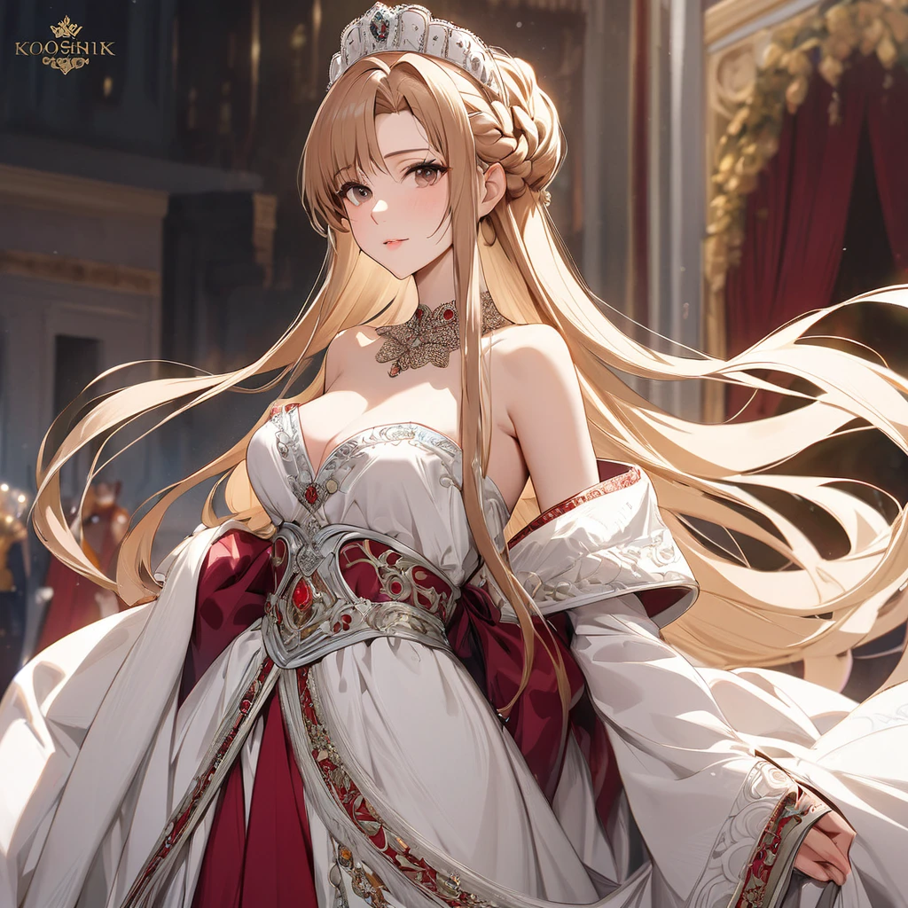 ((Highest quality)), ((masterpiece)), (detailed), (Perfect Face)、The woman is Yuuki Asuna, a Russian with light brown, medium-long hair, an elegant, graceful and beautiful Russian noblewoman, and the Empress of the Great Russian Empire.、The woman is beautifully dressed in the gorgeous and splendid Russian court dress of an ancient Russian empress, with luxurious accessories, and wearing a beautiful and luxurious kokoshnik.