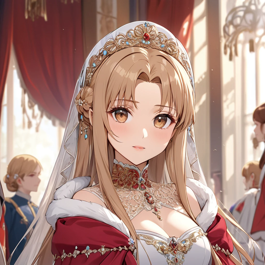 ((Highest quality)), ((masterpiece)), (detailed), (Perfect Face)、The woman is Yuuki Asuna, a Russian with light brown, medium-long hair, an elegant, graceful and beautiful Russian noblewoman, and the Empress of the Great Russian Empire.、The woman is beautifully dressed in the gorgeous and splendid Russian court dress of an ancient Russian empress, with luxurious accessories, and wearing a beautiful and luxurious kokoshnik.