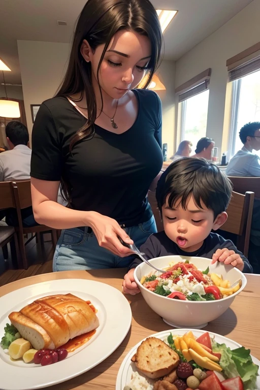 little boy sitting on his mom's lap in a pizza restaurant, pizza, underwear, 1girl, 1boy, 1child,