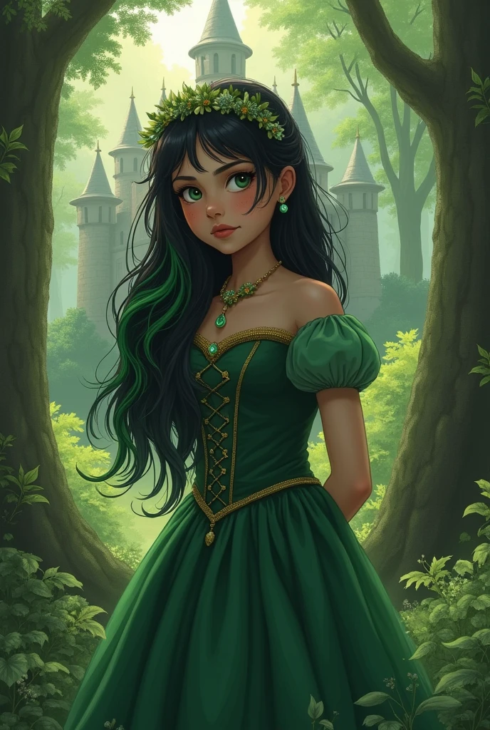 a sixteen year old girl with black hair and green tips, in a magical forest in a green princess dress in front of a castle