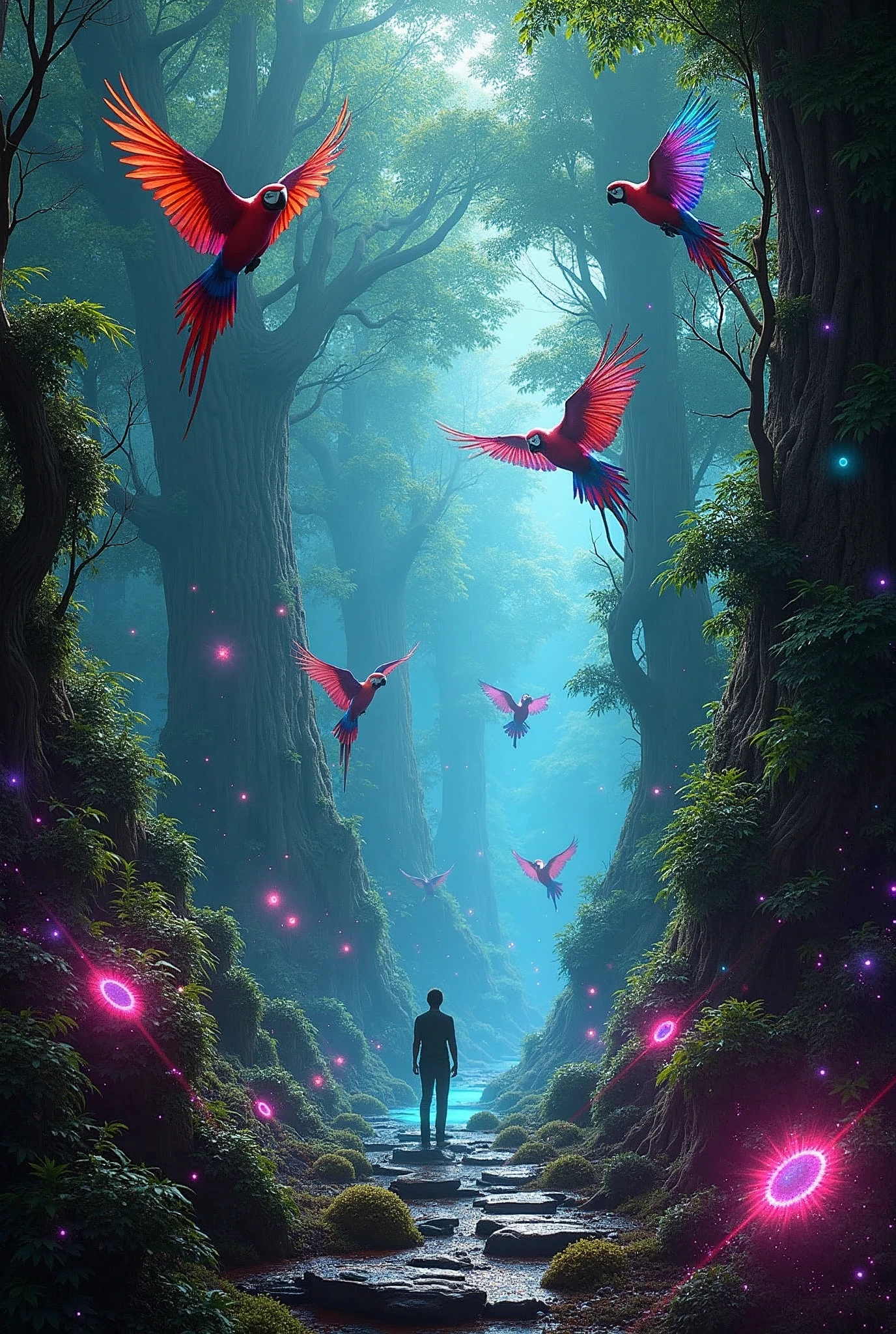 Create an image to use as a background for an electronic music LINE. It must have a magical forest theme., with macaws and at the same time a cyberpunk style. Leave the image with only one vanishing point . Macaws of many different colors. Psychedelic elements.