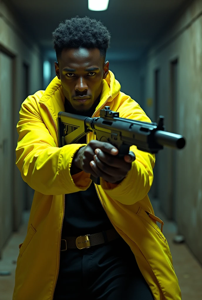 thin black man, yellow jackets, submachine gun