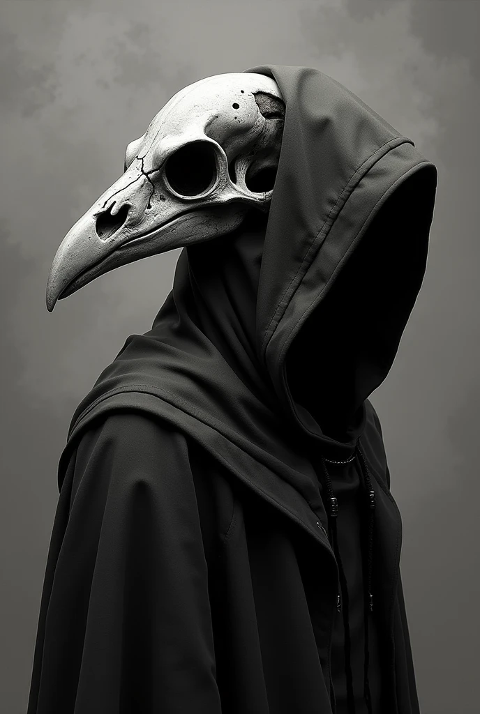 [Core Concept] A haunting and realistic depiction of a person wearing a bird skull headdress, presented in a striking side view.

[Character Description] The figure is shrouded in a hooded cloak, concealing their identity, with a chilling bird skull perched atop their head, its empty eye sockets and sharp beak creating an unsettling, otherworldly presence.

[Environment/Background] The scene is set against a stark, ominous background, devoid of distractions, allowing the haunting figure to take center stage.

[Style and Atmosphere] The artwork is rendered in a high-contrast black and white palette, lending a moody, eerie atmosphere and a sense of foreboding.

[Composition] The side profile view emphasizes the angular, skeletal features of the headdress, creating a powerful, dramatic composition.

[Details and Embellishments] The intricate textures and shadows of the bird skull, the folds of the hooded cloak, and the chiaroscuro lighting all contribute to the overall sense of realism and haunting beauty.

[Technical Specifications] This is a detailed, black and white drawing or digital illustration, capturing the enigmatic and unsettling essence of the subject matter.