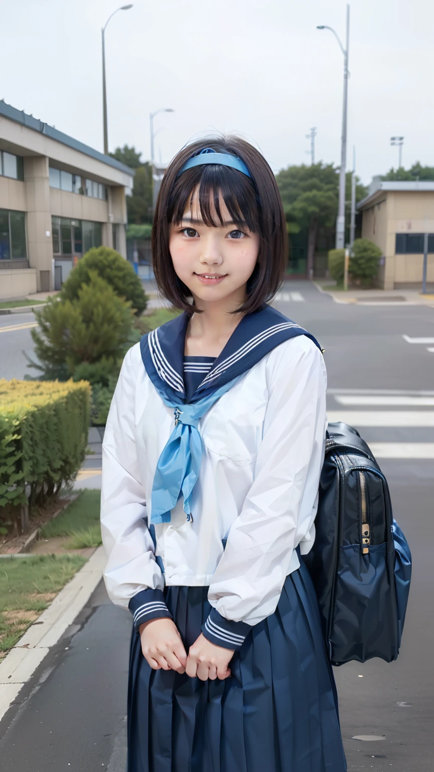 sailor uniform, One Woman, (Beautiful woman, delicate :1.3), Black Hair, (bob cur:1.4), bangs, 8k, Highest quality, masterpiece, Very detailed, Ultra-high resolution, Realistic, RAW Photos, Absolute Resolution, Black Hair, sky blue sailor uniform, (sky blue pleated skirt:1.4), (Realistic junior high school student:1.4), (White headband:1.4), Small breasts, expensive, Bright Blue Eyes, (In front of the school gate), smile, (standing pose:1.4), (one school bag on shoulder:1.4), (long skirt:1.4), slender female body, (Blur the background:1.4), (looking at the camera:1.4), glossy hair, 