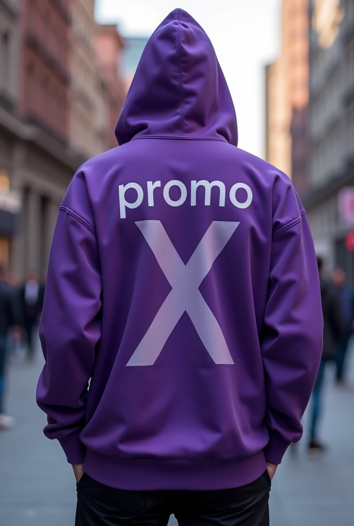 Create a purple hoodie with an urban style that says promo X in big letters on the back