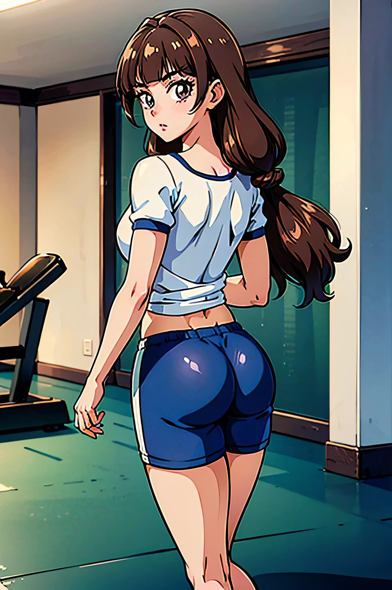 1 girl, (solo), ((amanogawaki)), best quality, highres, high quality, 8k, HD, super detail, anatomically correct, UHD, accurate, (masterpiece:1.0), (high quality:1.0), (ultra detailed), ((Adult:1.2)), Looking at viewer, wearing gym_outfit, inside gym, back view, taking a selfie, gym shorts, gym shirts