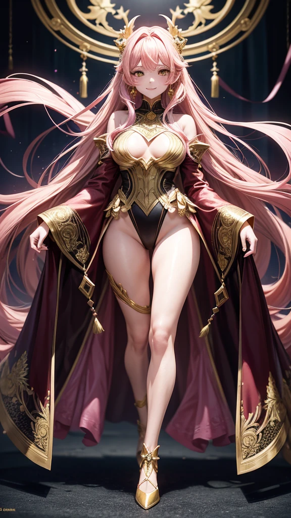 a full-body portrait of beautiful female anime character, in the style of light gold and pink, intricate details, 8k uhd, long hair, pink hair, jewelry, bangs, hair ornament, earrings, yellow eyes, long sleeves, shiny, blush, leotard, smile