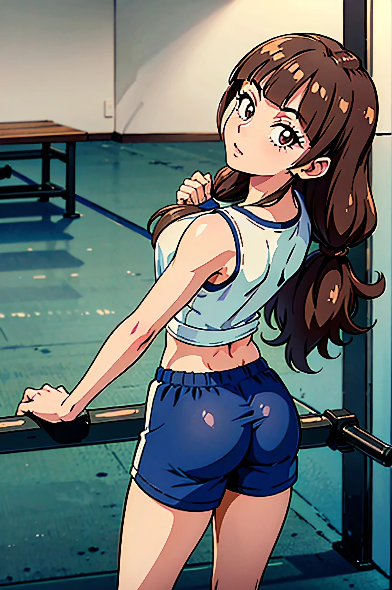 1 girl, (solo), ((amanogawaki)), best quality, highres, high quality, 8k, HD, super detail, anatomically correct, UHD, accurate, (masterpiece:1.0), (high quality:1.0), (ultra detailed), ((Adult:1.2)), Looking at viewer, wearing gym_outfit, inside gym, back view, taking a selfie, gym shorts, gym shirts