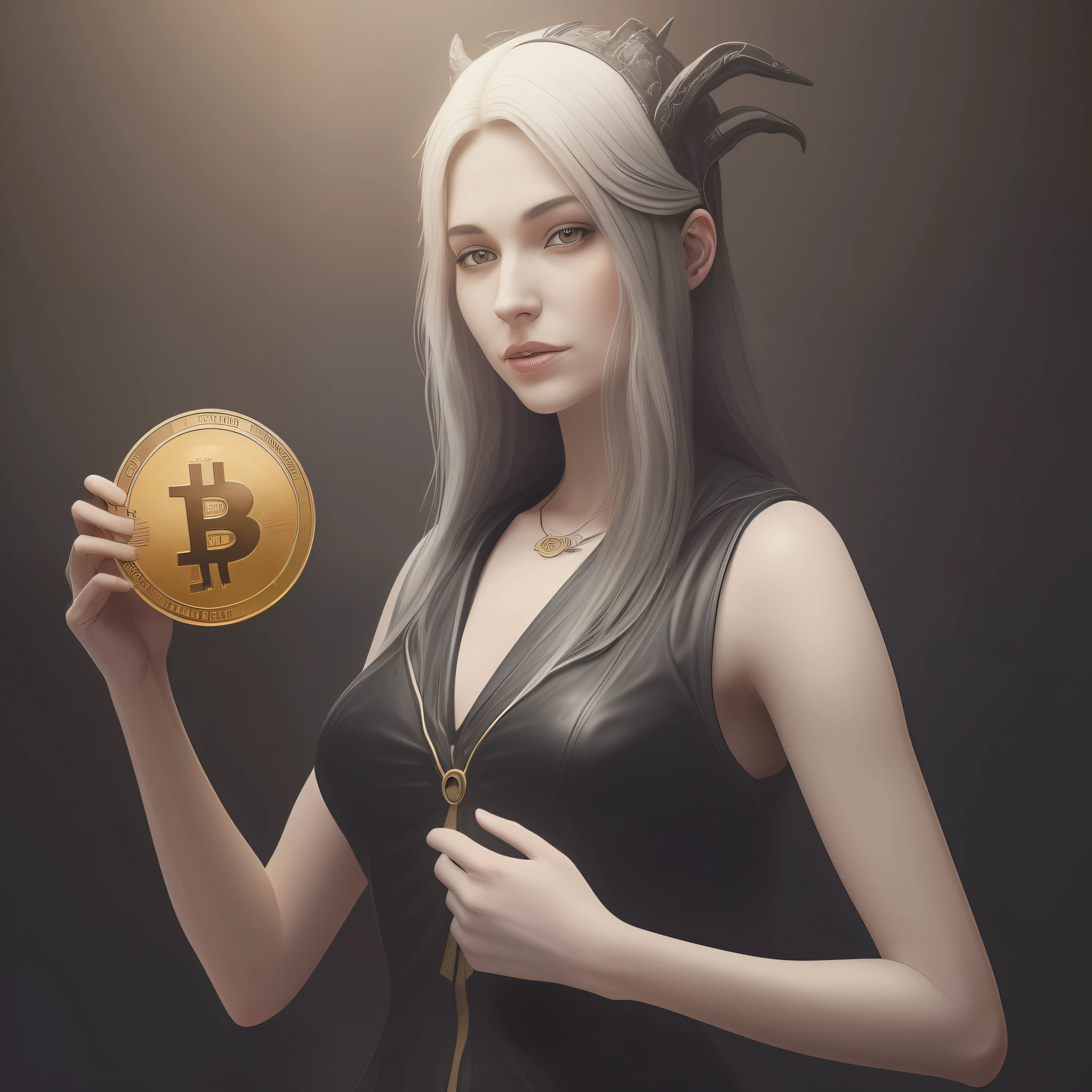 a women holding bitcoin in hand and a dragon head, in the style of realistic and hyper-detailed renderings, moody black and white, hyperrealistic marine life,