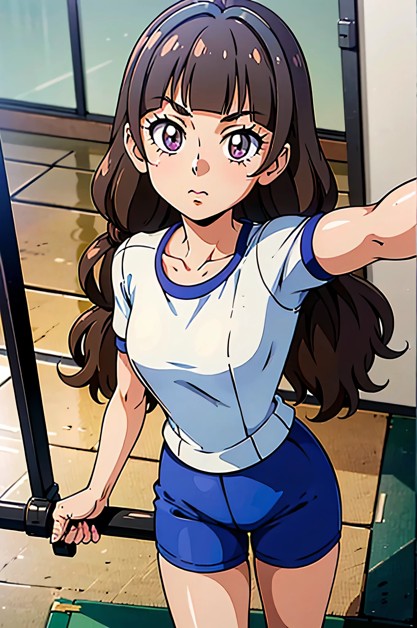 1 girl, (solo), ((amanogawaki)), best quality, highres, high quality, 8k, HD, super detail, anatomically correct, UHD, accurate, (masterpiece:1.0), (high quality:1.0), (ultra detailed), ((Adult:1.2)), Looking at viewer, wearing gym_outfit, inside gym, back view, taking a selfie, gym shorts, gym shirts