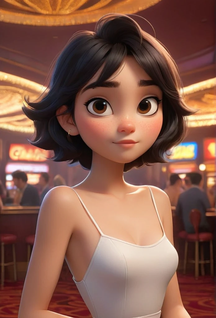 (disney pixar style:1.2) (Cute adorable girl:1.15) (20 year old adult:1.15)  Bblack hair ,short hair to the shoulders ,small breasts , neckleace, Promoter, in a casino , (perfect hands:1.1)  (distant extreme shot, whole body, diminished:1.1) Skinny topless nude with brown eyes, glad 