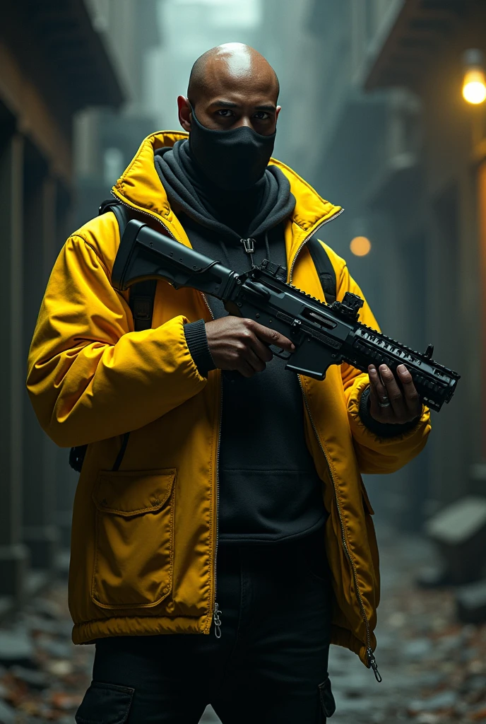 thin black man, yellow jackets, submachine gun , with mask