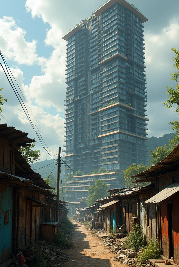 Land invasion, with old and precarious shacks, next to a luxury condominium