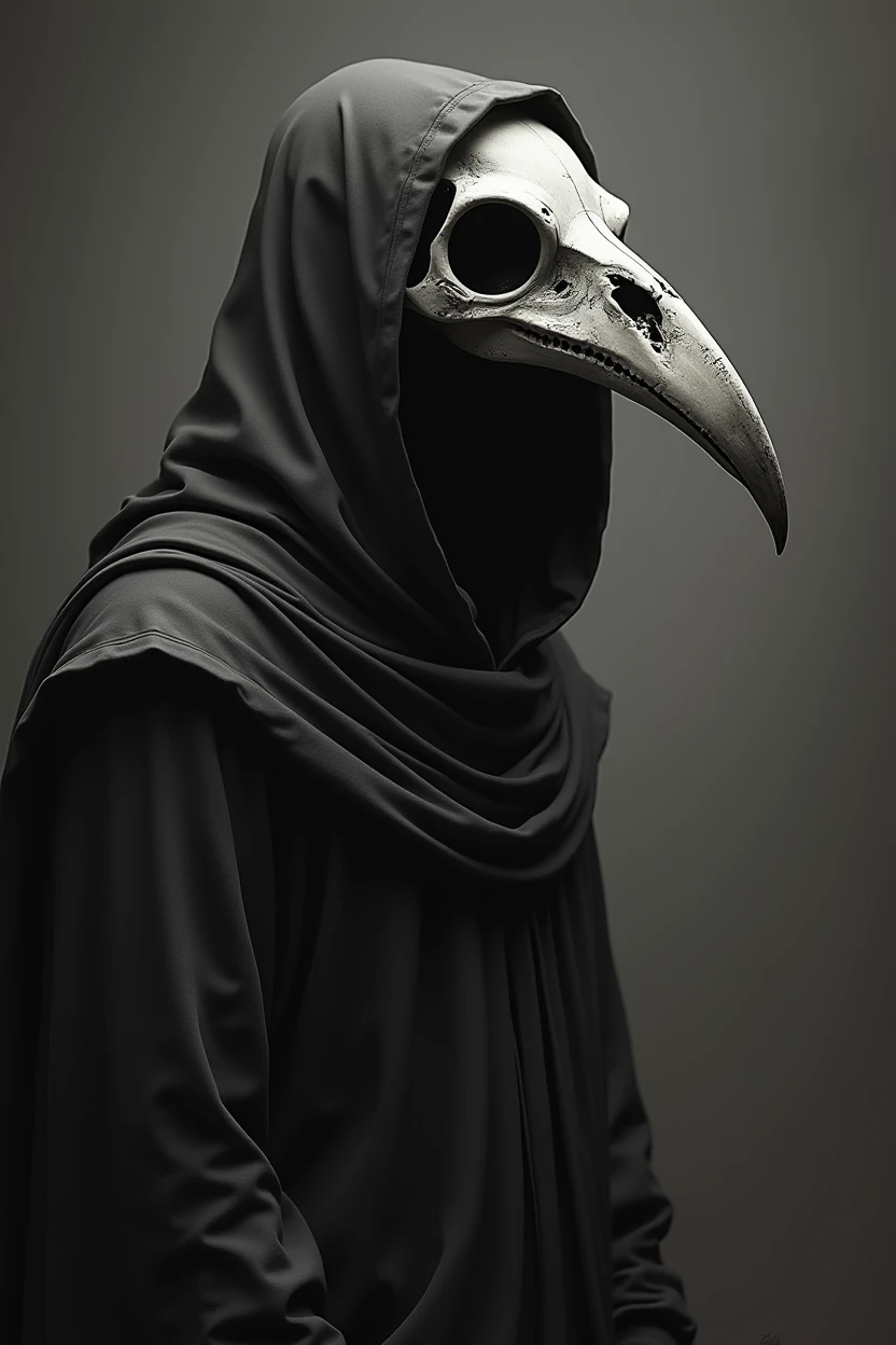 [Core Concept] A haunting and realistic depiction of a person wearing a bird skull headdress, presented in a striking side view.

[Character Description] The figure is shrouded in a hooded cloak, concealing their identity, with a chilling bird skull perched atop their head, its empty eye sockets and sharp beak creating an unsettling, otherworldly presence.

[Environment/Background] The scene is set against a stark, ominous background, devoid of distractions, allowing the haunting figure to take center stage.

[Style and Atmosphere] The artwork is rendered in a high-contrast black and white palette, lending a moody, eerie atmosphere and a sense of foreboding.

[Composition] The side profile view emphasizes the angular, skeletal features of the headdress, creating a powerful, dramatic composition.

[Details and Embellishments] The intricate textures and shadows of the bird skull, the folds of the hooded cloak, and the chiaroscuro lighting all contribute to the overall sense of realism and haunting beauty.

[Technical Specifications] This is a detailed, black and white drawing or digital illustration, capturing the enigmatic and unsettling essence of the subject matter.