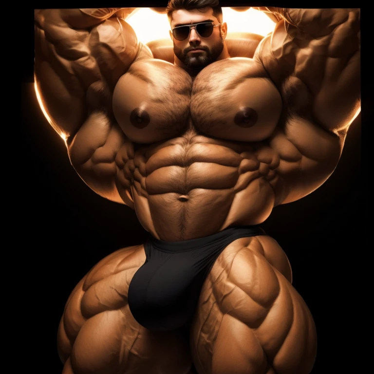 hyper growth, hyper muscles, a very handsome young man, sunglasses, shirtless, massively muscular, with massively large muscles, with a massively large bulge, exaggeratedly huge bulge, on a black background