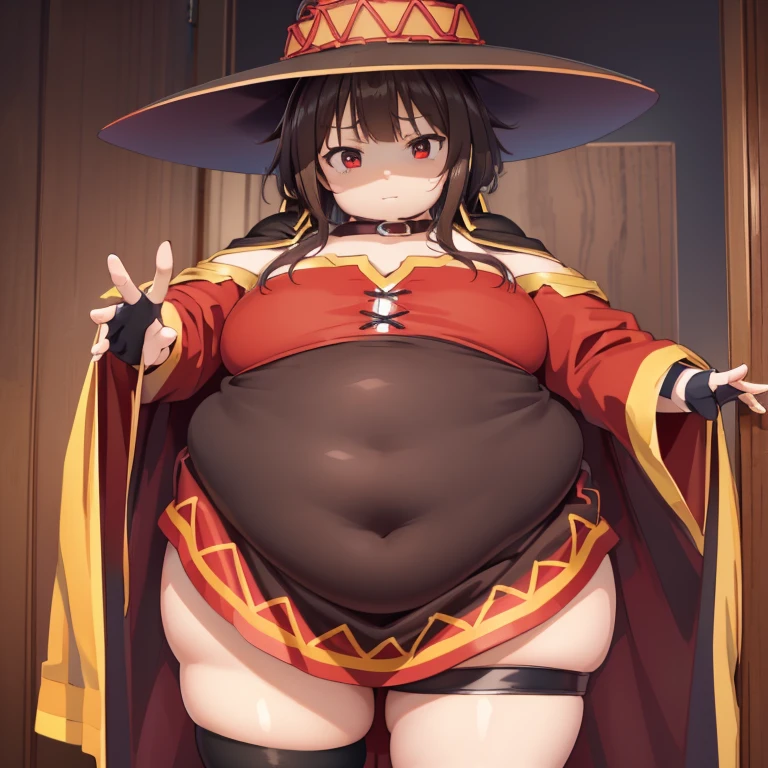 masterpiece, best quality, high resolution, unity 8k wallpaper, (illustration:1.1), ultra-detailed face, extremely detailed CG,
perfect fat anatomy, nice hands, perfect hands,
Megumin,
Megumin\(konosuba\),
Fat 1girl,
short hair with long locks,
brown hair, big fat body,
(red eyes:1.1), (beautiful detailed eyes:1.2),
looking at viewer,
off-shoulder dress, red dress, brown cape, long sleeves,
single thighhigh, asymmetrical legwear, bandaged leg,
small breasts,
ollarbone,
witch hat, black choker, black gloves, fingerless gloves,
cowboy shot,
perfect lighting,
background of indoor, on the bed,