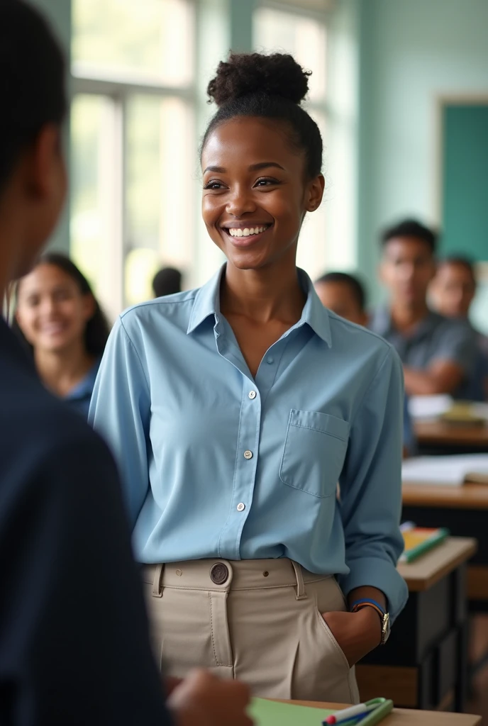 A mid-shot of Ms. Chambers, Jaela Chambers, a 32 year old female teacher, standing in front of a classroom of students, engaged in a conversation with one of them named Juan. She has a bubbly yet serious expression, with sparkling eyes and a warm smile, showing her golden heart. Her hair is styled in a neat bun, revealing her slightly wrinkled forehead from years of thinking and reading books. She is dressed casually but professionally, wearing a light blue blouse and a pair of khaki pants, reflecting her balanced personality. The classroom is filled with natural light coming from the windows, highlighting her delicate features and creating a soft glow around her. The background is blurred out, emphasizing her presence and the ongoing conversation. The image is captured using a Fujifilm XT3 camera, set at 50mm focal length with a 20MP resolution, utilizing a shallow depth of field for an ultra-realistic and high-detailed depiction of Ms. Chambers, focusing on her facial expressions and attire.